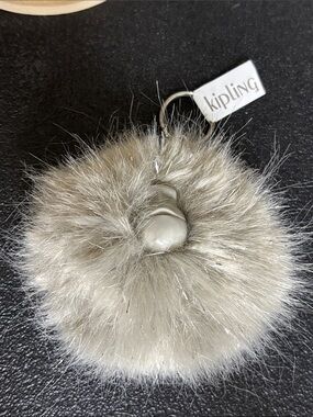 Kipling Light Gray Faux Fur Pom-Pom Keyring Keychain